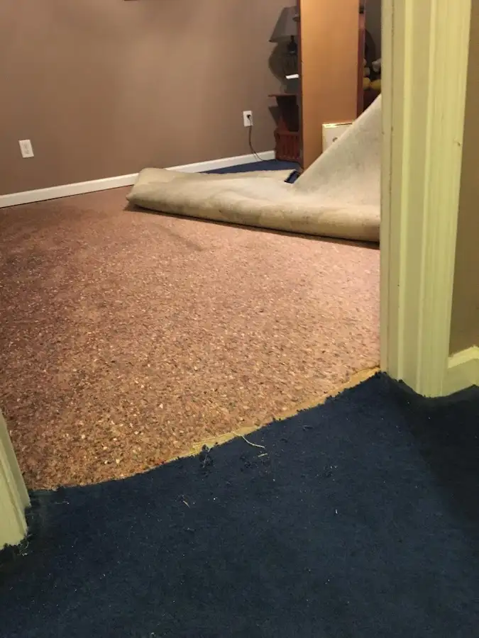 Carpet pad removal revealing water damage during Water Mitigation Services in Redlands